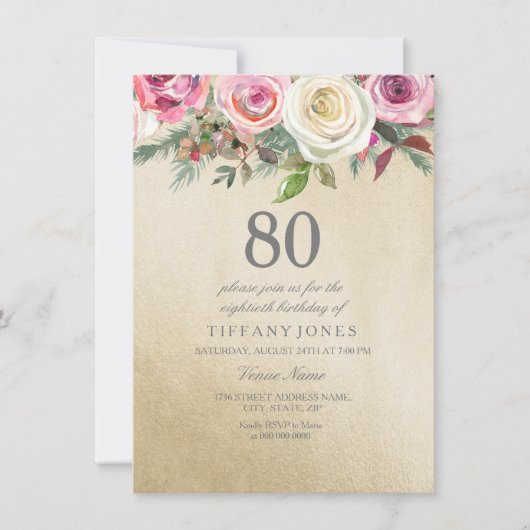 Gold Foil White roze Rose 80th Birthday Invite Kaart (Voorkant)