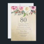 Gold Foil White roze Rose 80th Birthday Invite Kaart<br><div class="desc">Gold Foil White Roze Rose 80th Birthday Noteer prachtige elegante florale waterverf Volledig  / gepersonaliseerd</div>