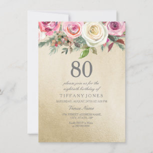 Gold Foil White roze Rose 80th Birthday Invite Kaart