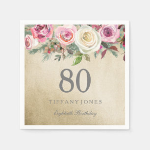 Gold Foil White roze Rose 80th Birthday Servetten