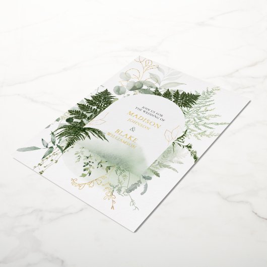 Gold Foil Wild Fern Greenery Waterverf Wedding Folie Uitnodiging (Gedraaid)