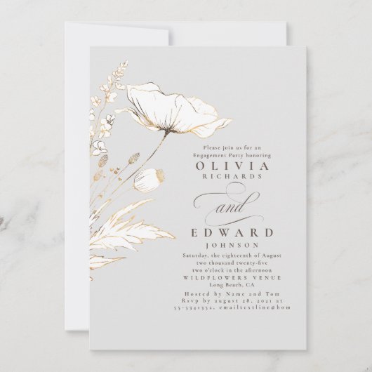 Gold Foil Wildbloemen Light Grey Engagement Party Kaart (Voorkant)