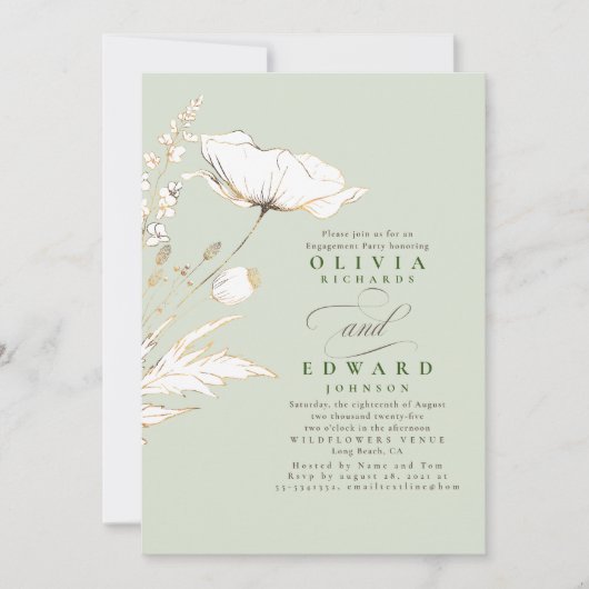 Gold Foil Wildbloemen Sage Green Engagement Party Kaart (Voorkant)
