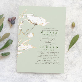 Gold Foil Wildbloemen Sage Green Engagement Party Kaart
