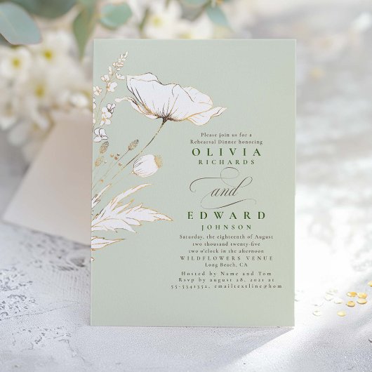 Gold Foil Wildbloemen Sage Green Rehearsal Dinner Kaart