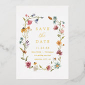 Gold Foil Wildflower Foto bewaart de datum Folie Uitnodiging (Voorkant)
