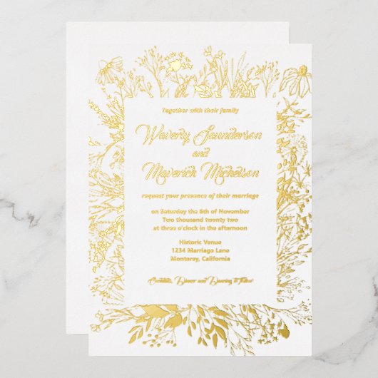 Gold Foil Wildflower Greenery Wedding Folie Uitnodiging (Voorkant / Achterkant)