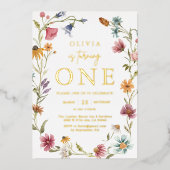 Gold Foil Wildflower Theme Girl 1e verjaardag Folie Uitnodiging (Voorkant)