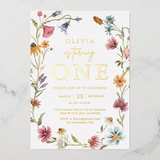 Gold Foil Wildflower Theme Girl 1e verjaardag Folie Uitnodiging (Voorkant)