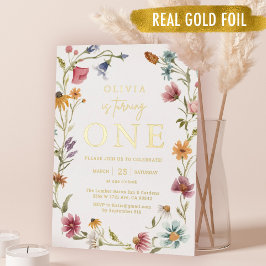 Gold Foil Wildflower Theme Girl 1e verjaardag Folie Uitnodiging