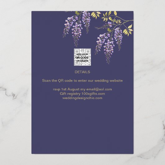 Gold Foil Wisteria Paars VRIJGEZELLENFEEST QR-code Folie Uitnodiging (Achterkant)
