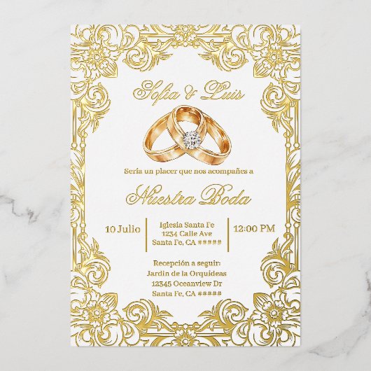 gold foil with frame Spanish wedding Folie Uitnodiging (Voorkant)