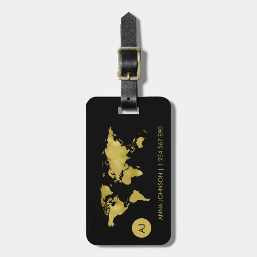 Gold Foil World Earth Map-reismonogram Bagagelabel (Voorkant verticaal)