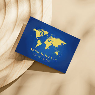 Gold Foil World Map Navy Blue Travel Agent Visitekaartje