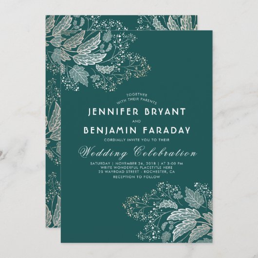 Gold Foliage Blauwgroen Groen Elegant Modern Weddi Kaart (Voorkant / Achterkant)
