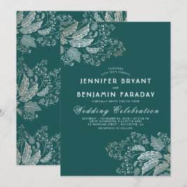Gold Foliage Blauwgroen Groen Elegant Modern Weddi Kaart