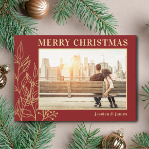 Gold Foliage Burgundy Foto met kerst Feestdagenkaart