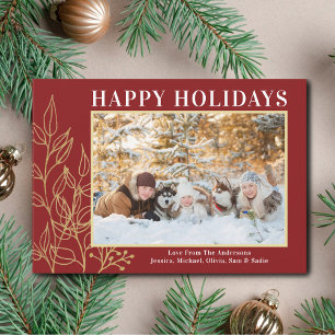 Gold Foliage Burgundy Photo Happy Holiday Kaart