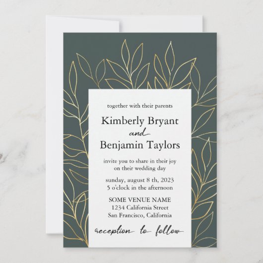 Gold Foliage. Dusty Gray modern Luxury Wedding Kaart (Voorkant)
