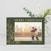 Gold Foliage Green Photo Merry Kerstry Feestdagenkaart (Staand voorkant)