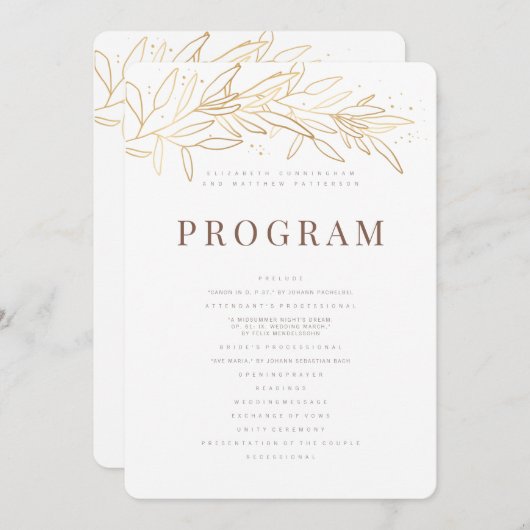 Gold Foliage Modern + Minimalistisch huwelijk Programmakaart (Voorkant / Achterkant)