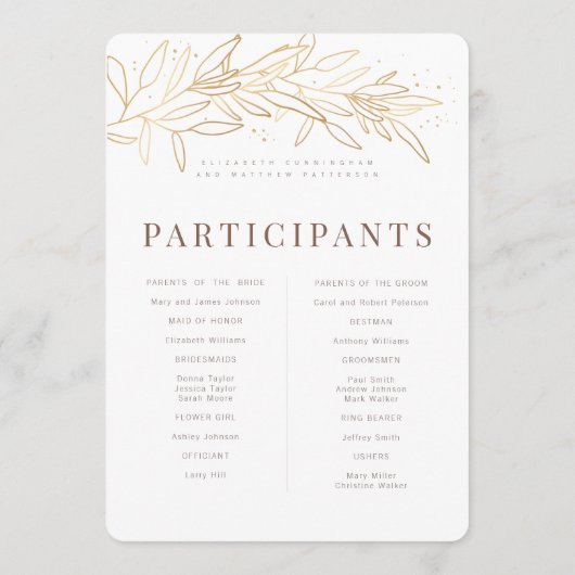 Gold Foliage Modern + Minimalistisch huwelijk Programmakaart (Achterkant)