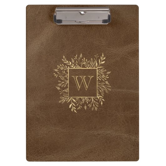 Gold Foliage Monogram Bruin Faux Leather Klembord (Voorkant)