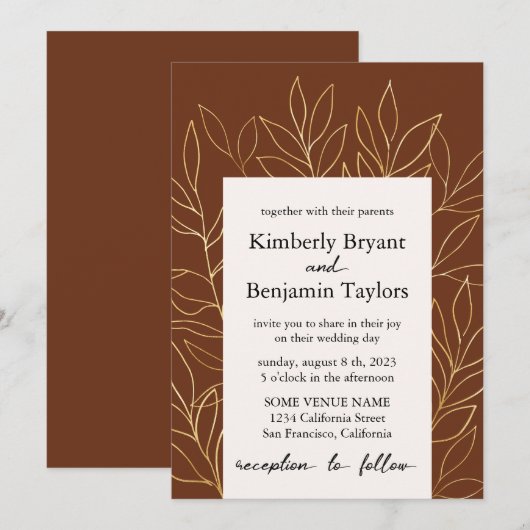 Gold Foliage. Rust brown modern Luxury Wedding Kaart (Voorkant / Achterkant)