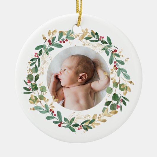 Gold Foliage Wreate | Baby eerste kerstblauw Keramisch Ornament (Voorkant)