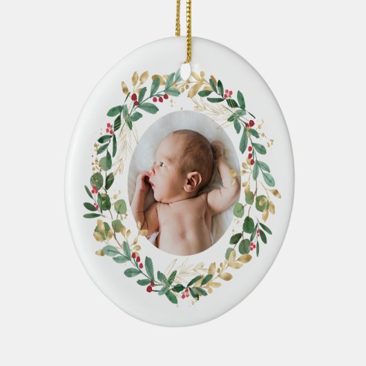 Gold Foliage Wreate | Baby eerste kerstblauw Keramisch Ornament (Rechts)