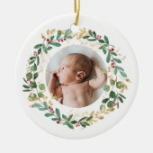 Gold Foliage Wreate | Baby eerste kerstblauw Keramisch Ornament (Voorkant)