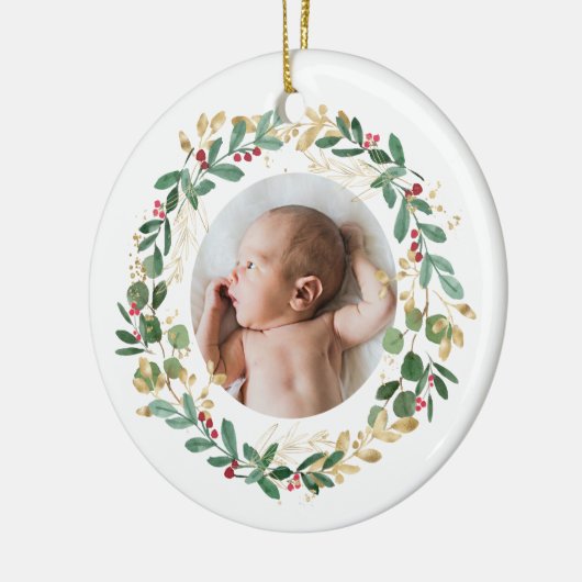 Gold Foliage Wreate | Baby eerste kerstblauw Keramisch Ornament (Links)
