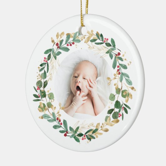 Gold Foliage Wreate | Baby eerste kerstgroen Keramisch Ornament (Links)