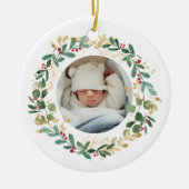 Gold Foliage Wreate | Eerste kerstroze Baby Keramisch Ornament (Voorkant)