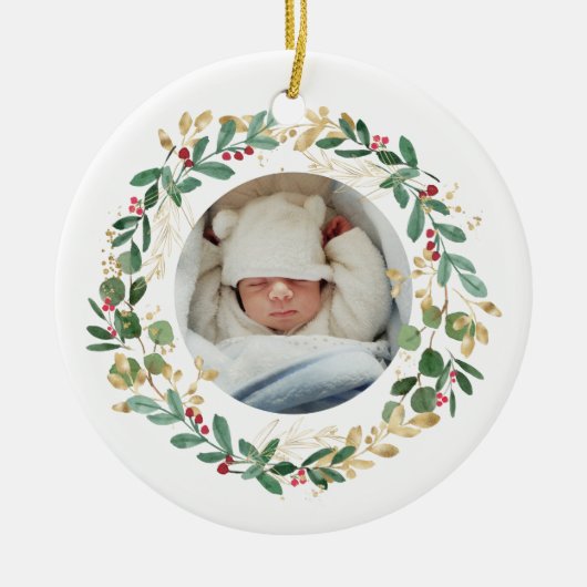 Gold Foliage Wreate | Eerste kerstroze Baby Keramisch Ornament (Voorkant)