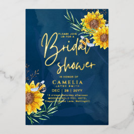 GOLD FOLIE Blauwe Zonnebloemen BRUIDSSHOWER QR Cod Uitnodiging