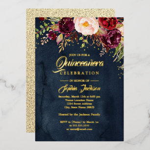 GOLD FOLIE Bloem Burgundy Navy Goud Quinceanera Uitnodiging