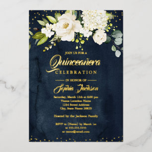 GOLD FOLIE Bloem Goud Navy Quinceanera Uitnodiging