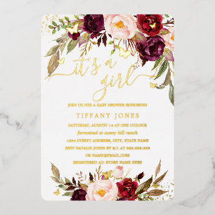 GOLD FOLIE Blush Burgundy Bloemen Baby Shower Uitnodiging