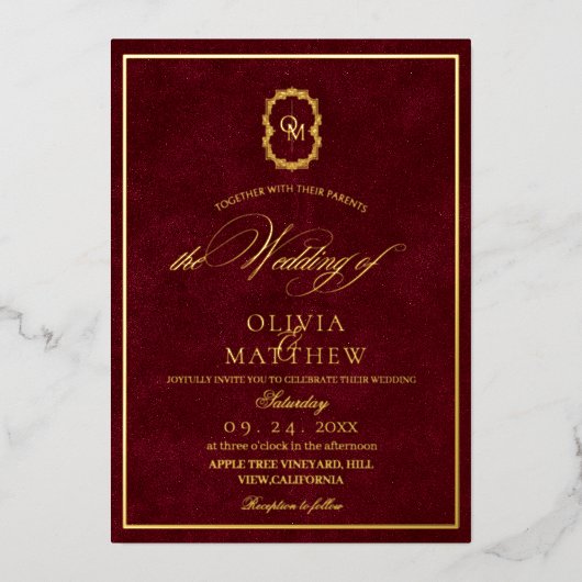 Gold Folie Bourgondië Minimalistische & Elegante b Folie Uitnodiging (Voorkant)