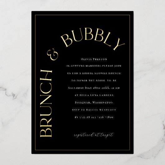 Gold Folie Brunch & Bubbly Bruids Douche Uitnodigi Folie Uitnodiging (Voorkant)