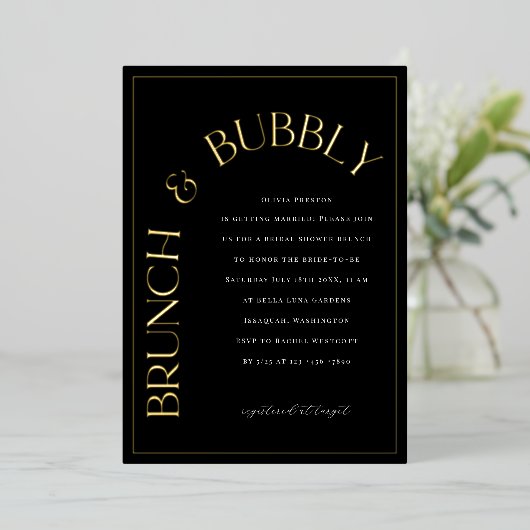 Gold Folie Brunch & Bubbly Bruids Douche Uitnodigi Folie Uitnodiging (Staand Voorkant)