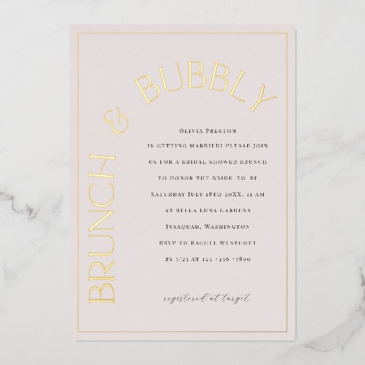 Gold Folie Brunch & Bubbly Bruids Douche Uitnodigi Folie Uitnodiging (Voorkant)