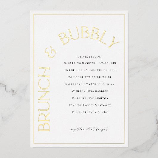 Gold Folie Brunch & Bubbly Bruids Douche Uitnodigi Uitnodiging (Voorkant)