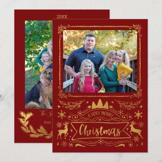 Gold Folie Collage op Rode Foto Kerstmis Feestdagenkaart (Voorkant / Achterkant)