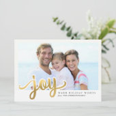 Gold Folie Effect Christmas Joy Hand Script Foto Feestdagenkaart (Staand voorkant)