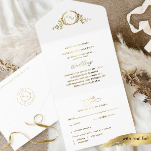 Gold Folie Elegant Monogram Huwelijk All In One Uitnodiging
