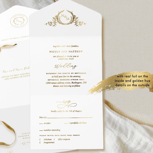 Gold Folie Elegant Monogram Huwelijk All In One Uitnodiging