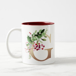 Gold Folie G Monogram Pine & Berry Christmas Two- Tweekleurige Koffiemok