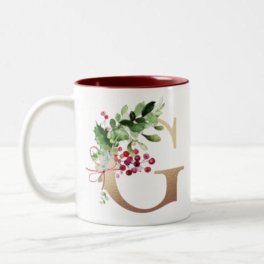 Gold Folie G Monogram Pine & Berry Christmas Two- Tweekleurige Koffiemok (Links)